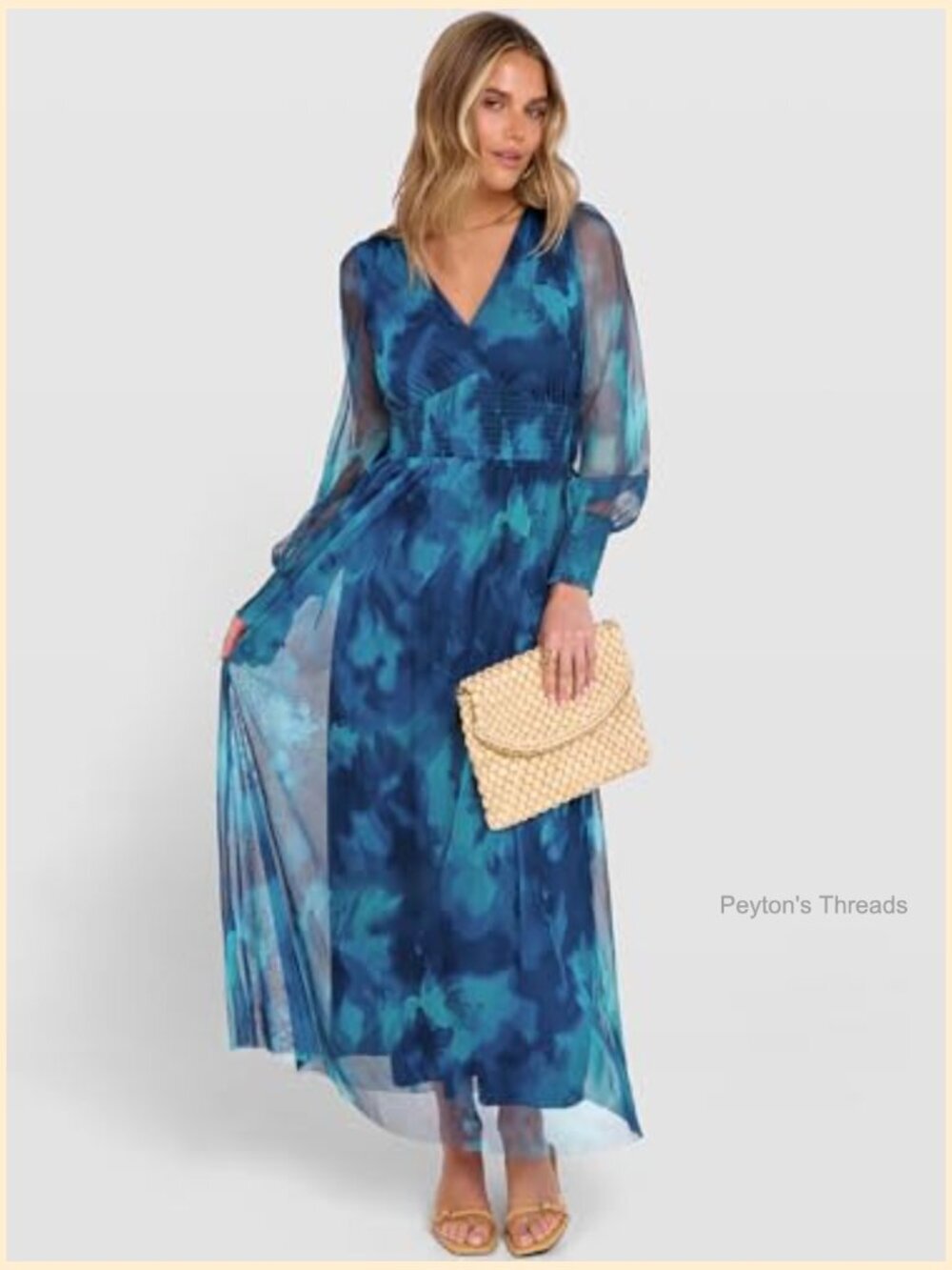 Floral Maxi Dress V Neck Puff Long Sleeve Flowy Casual Wedding Guest Tulle Dress - Picture 4 of 7